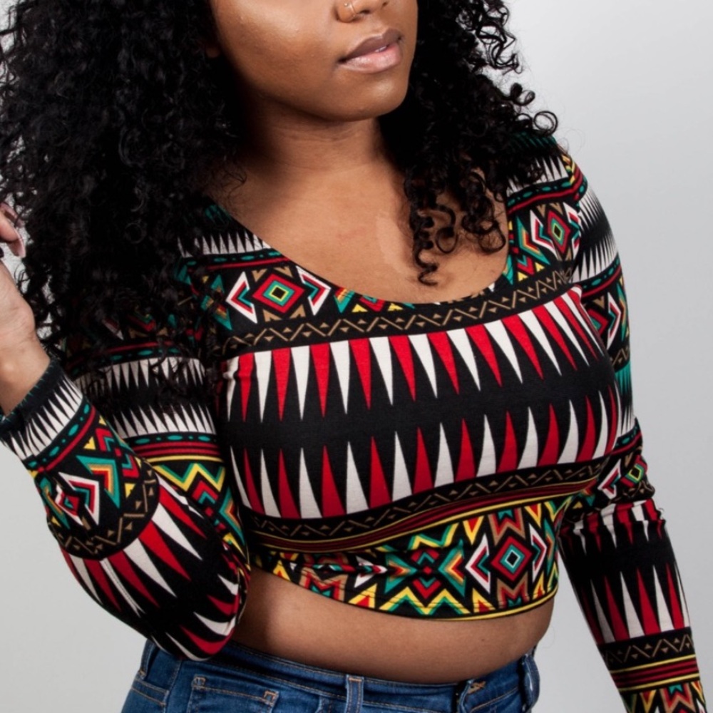 Geometric Patterned Long Sleeve Crop Top